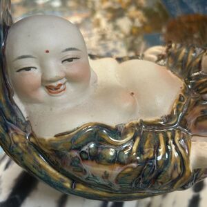 Vintage Ceramic Buddha Figurine with Multicolor Glaze 9" Tall  7.5" Wide